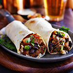 two beef burritos with rice, black beans and salsa